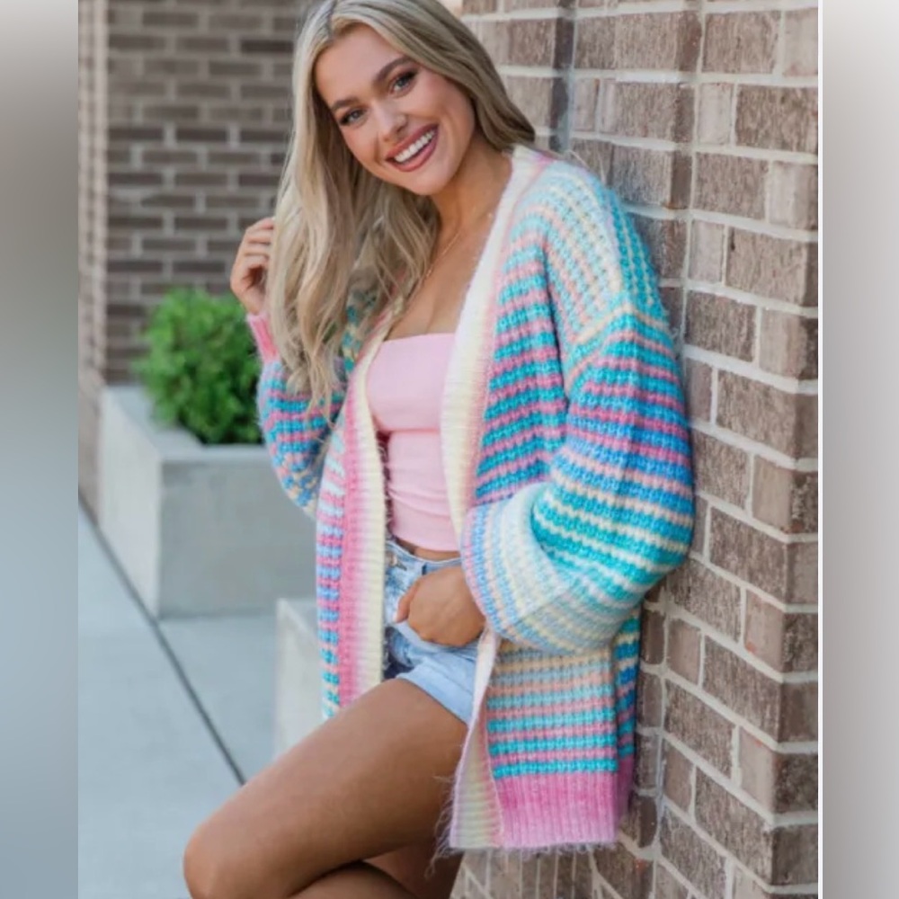 Pink lily rainbow sweater cardigan nwot